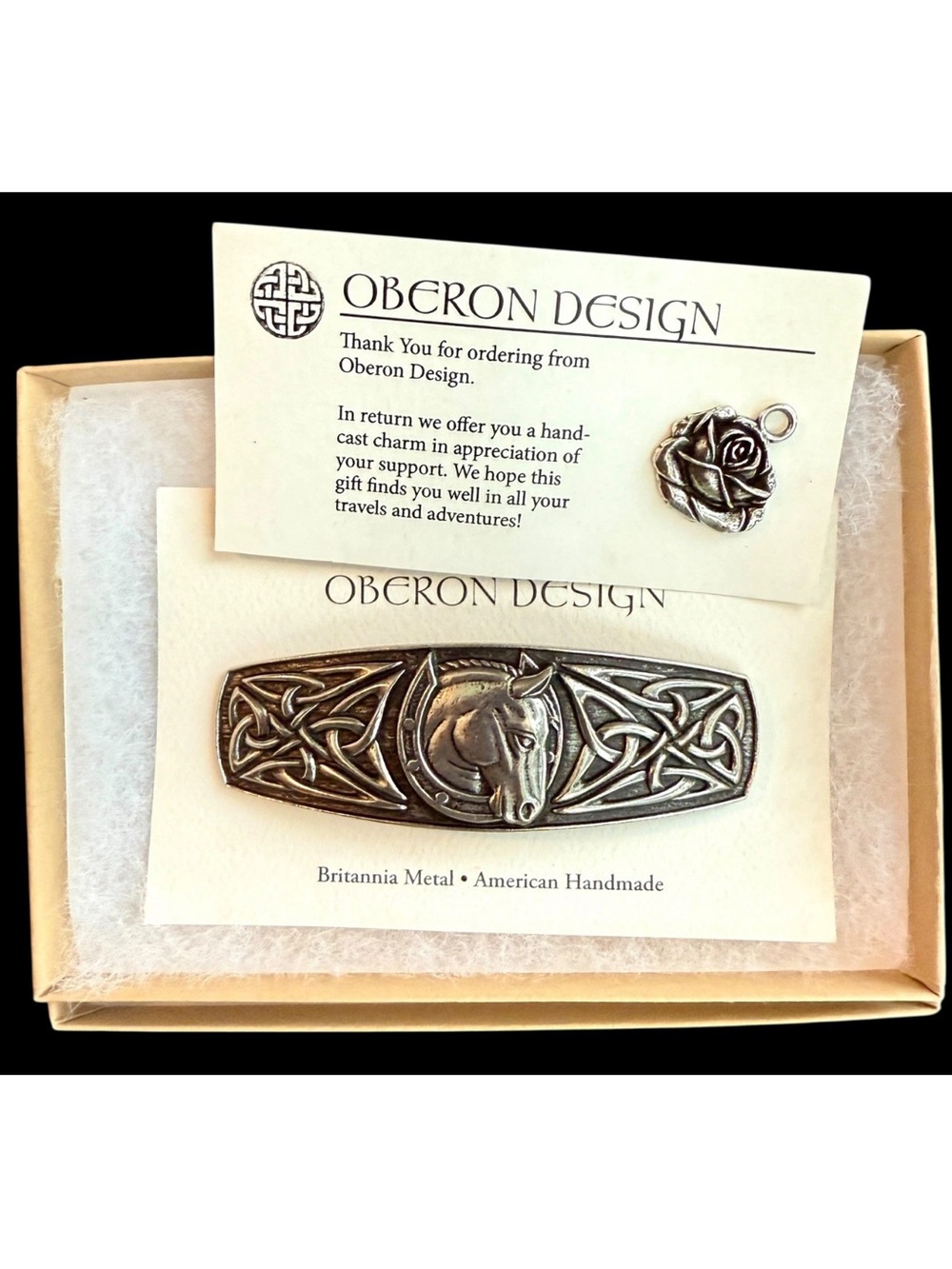 Oberon Design Hair-Clip Barrette & Flower Charm Britannia Metal Horse  USA 3.5”